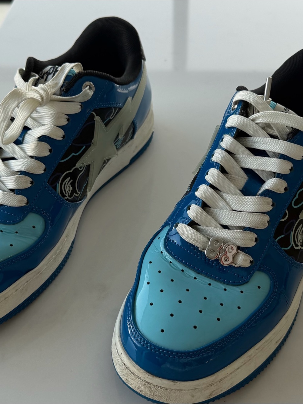 Bape Men's Blue Patent Low-Top Sneakers with White Laces